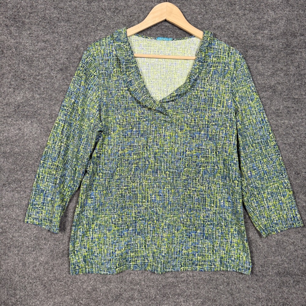 J.McLaughlin Sz XL Blouse Green Yellow Nylon Blend V Neck Stretch Catalina Cloth